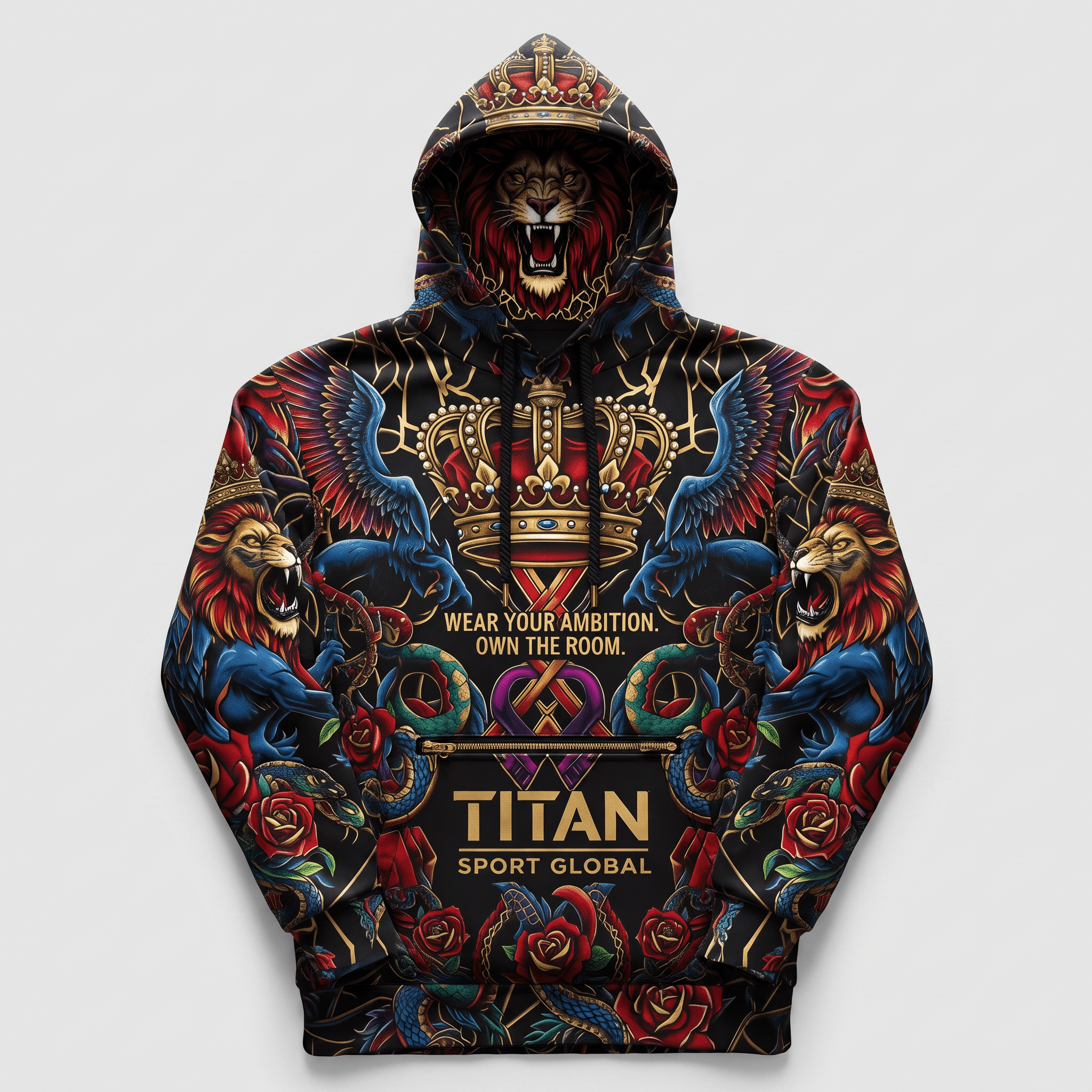Black hoodie with an ornate red and gold lion, crown, and winged beast graphic, plus Titan Sport Global text.