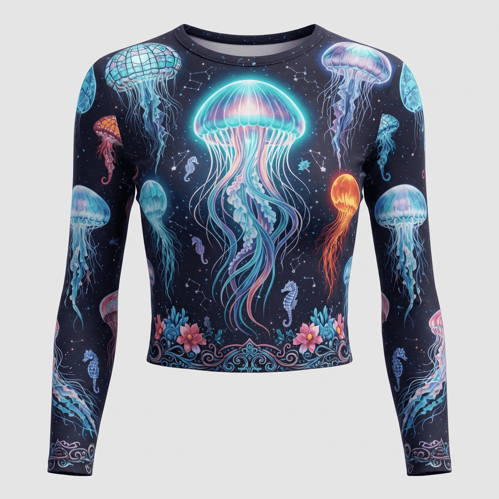 Black long-sleeve crop top featuring a vibrant, glowing jellyfish and sea life print.