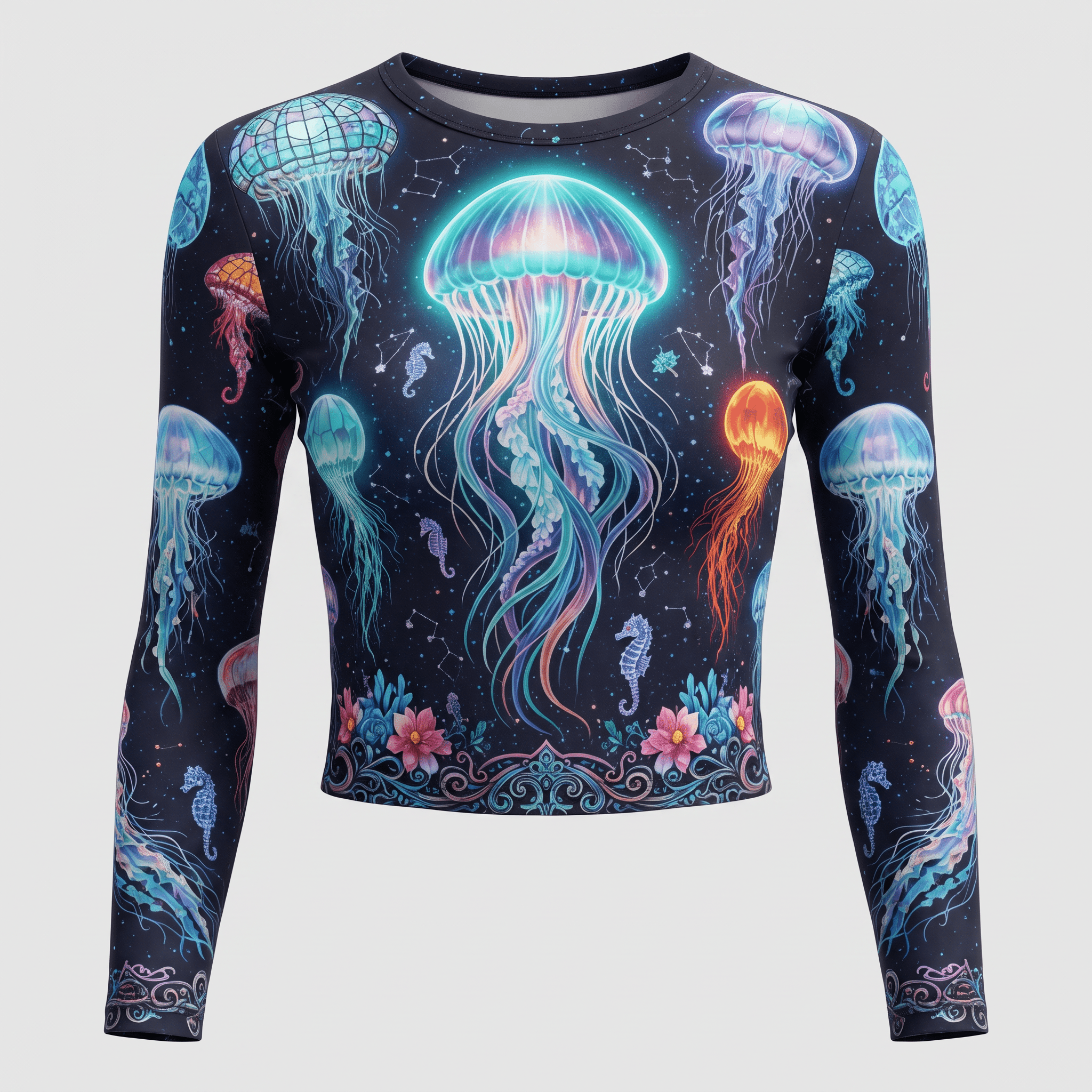 Black long-sleeve crop top featuring a vibrant, glowing jellyfish and sea life print.