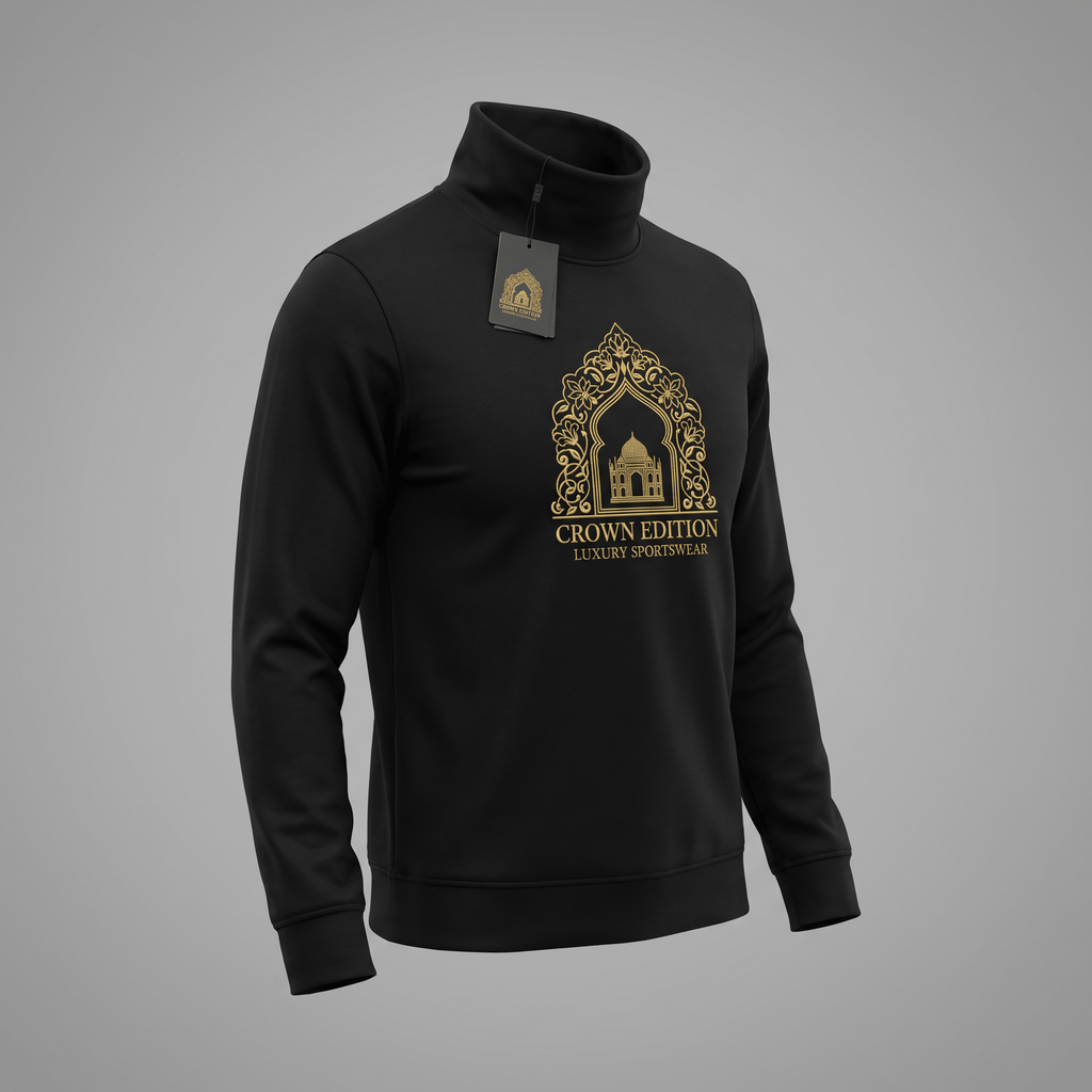 Black mock neck sweatshirt with gold Crown Edition logo on chest and branded tag.