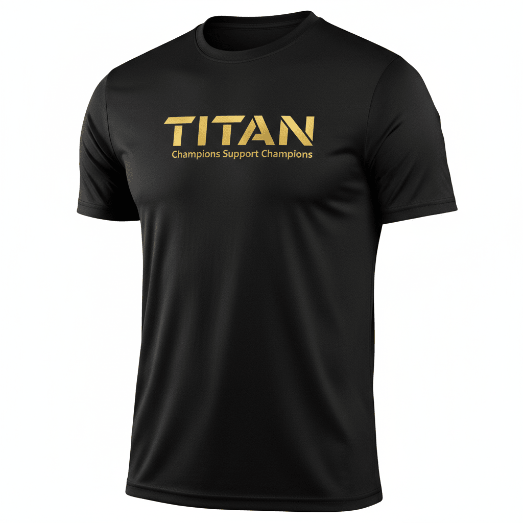 Black short-sleeve athletic crewneck tee with gold "TITAN" logo and "Champions Support Champions" text on chest.