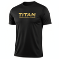 Black short-sleeve athletic crewneck tee with gold "TITAN" logo and "Champions Support Champions" text on chest.