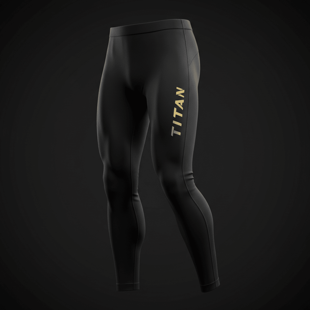 Black TITAN compression full-length tights featuring vertical gold branding on the left thigh.
