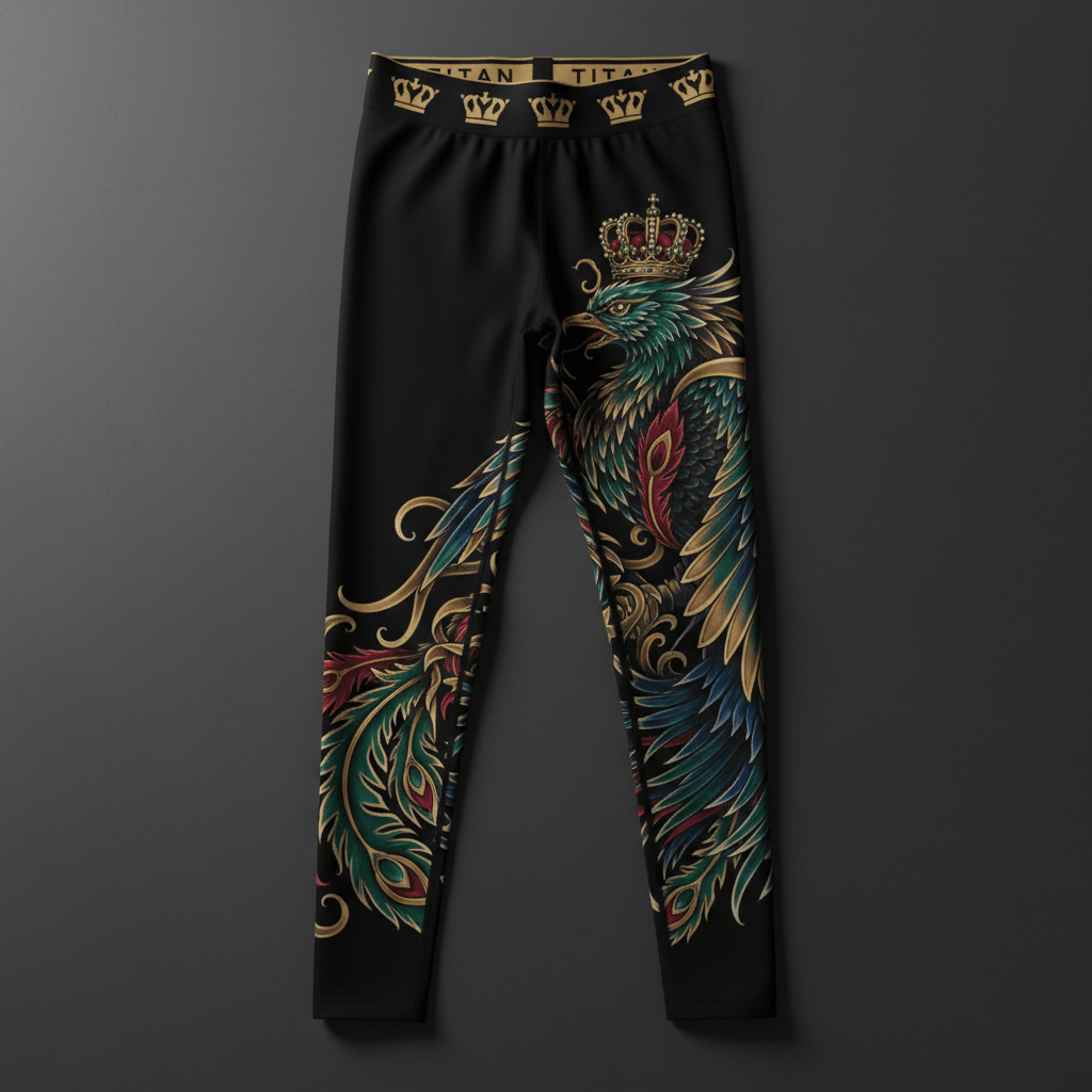 Black compression tights with gold crown waistband and a detailed phoenix design in green, blue, red, and gold.