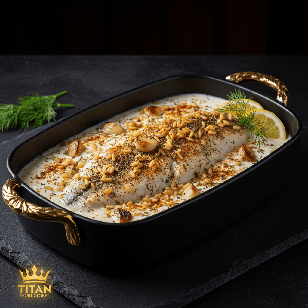 White fish in creamy sauce topped with pine nuts and herbs, served in a black baking dish with gold handles.