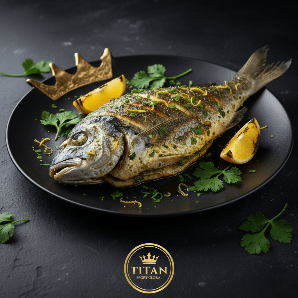 Grilled fish with chermoula, lemon wedges, and parsley on a black plate with a gold crown, against a dark background.