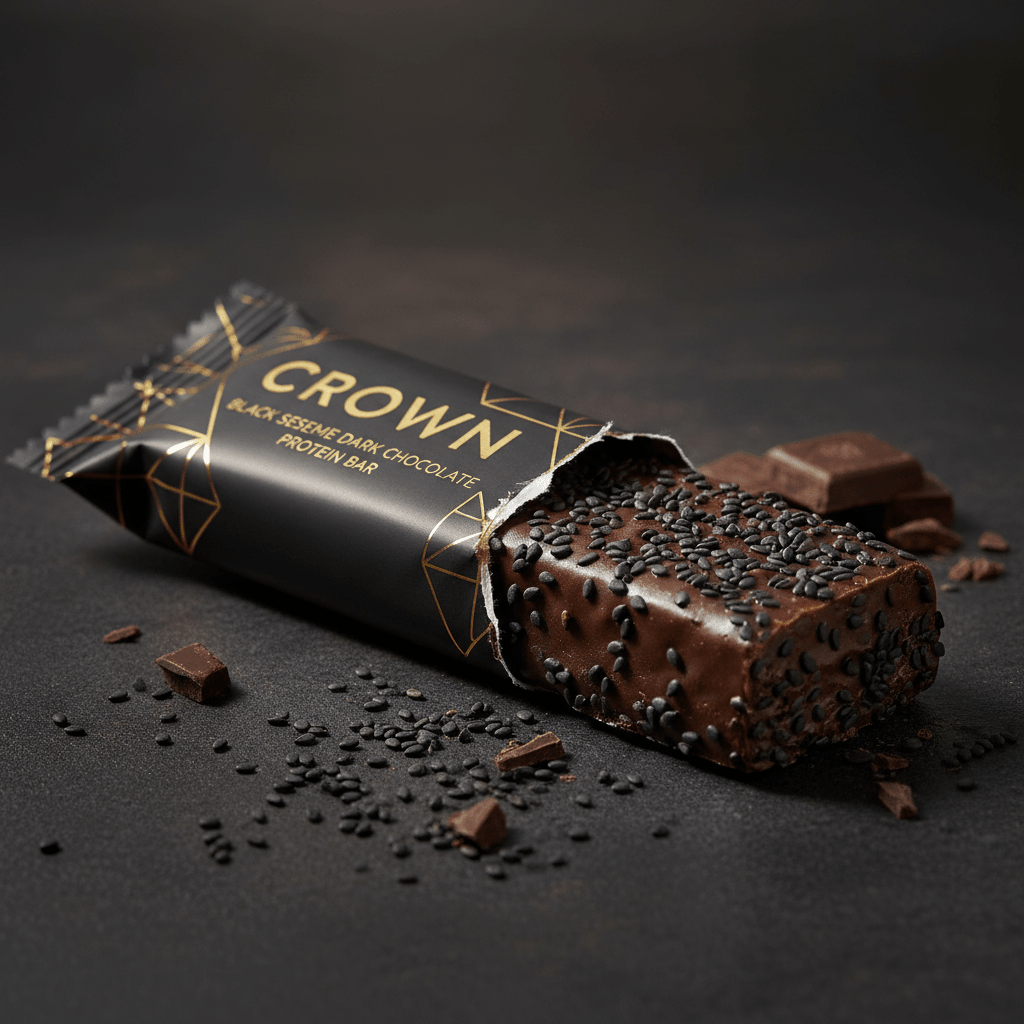 Crown Black Sesame Dark Chocolate protein bar in a gold-accented black wrapper, half-unwrapped, with loose sesame.