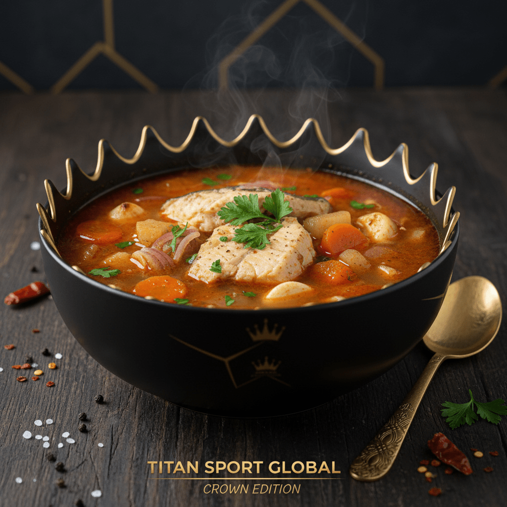 Steaming Bosnian fish stew in a black, gold-rimmed crown bowl, served with a gold spoon on a dark wooden surface.