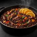 Steaming Brazilian feijoada with black beans, pork chunks, corn, and orange slices in a black skillet on dark surface.