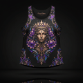 Black women's tank with a gold-crowned goddess print, ornate purple and blue lotus filigree, and "Crown Edition" text.