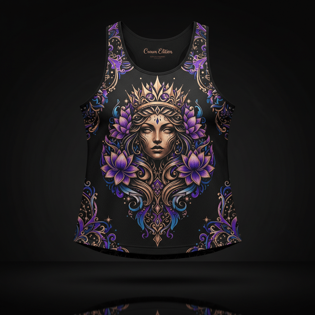 Black women's tank with a gold-crowned goddess print, ornate purple and blue lotus filigree, and "Crown Edition" text.
