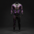 Black track suit featuring purple and gold dragon graphics, gold zipper, and gold crown detailing.