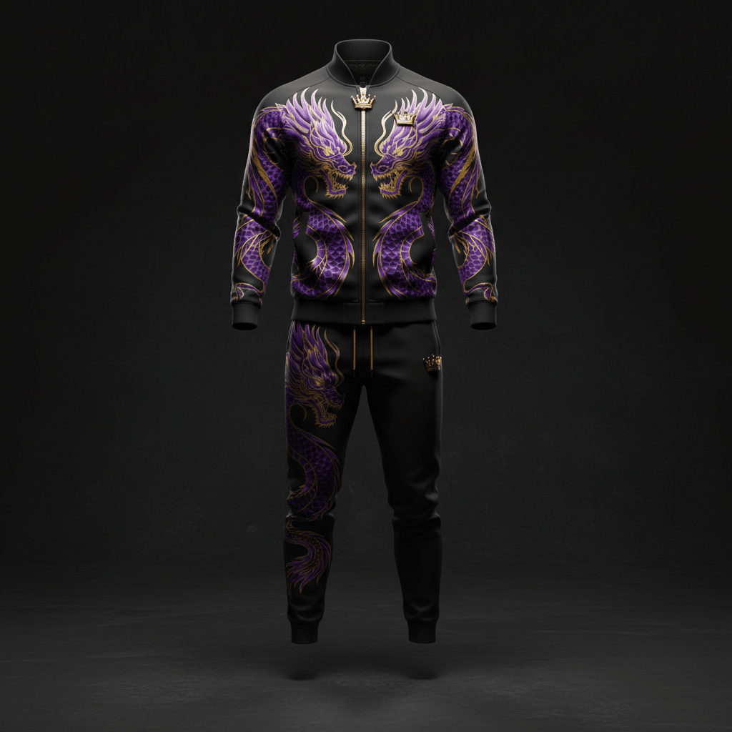 Black track suit featuring purple and gold dragon graphics, gold zipper, and gold crown detailing.