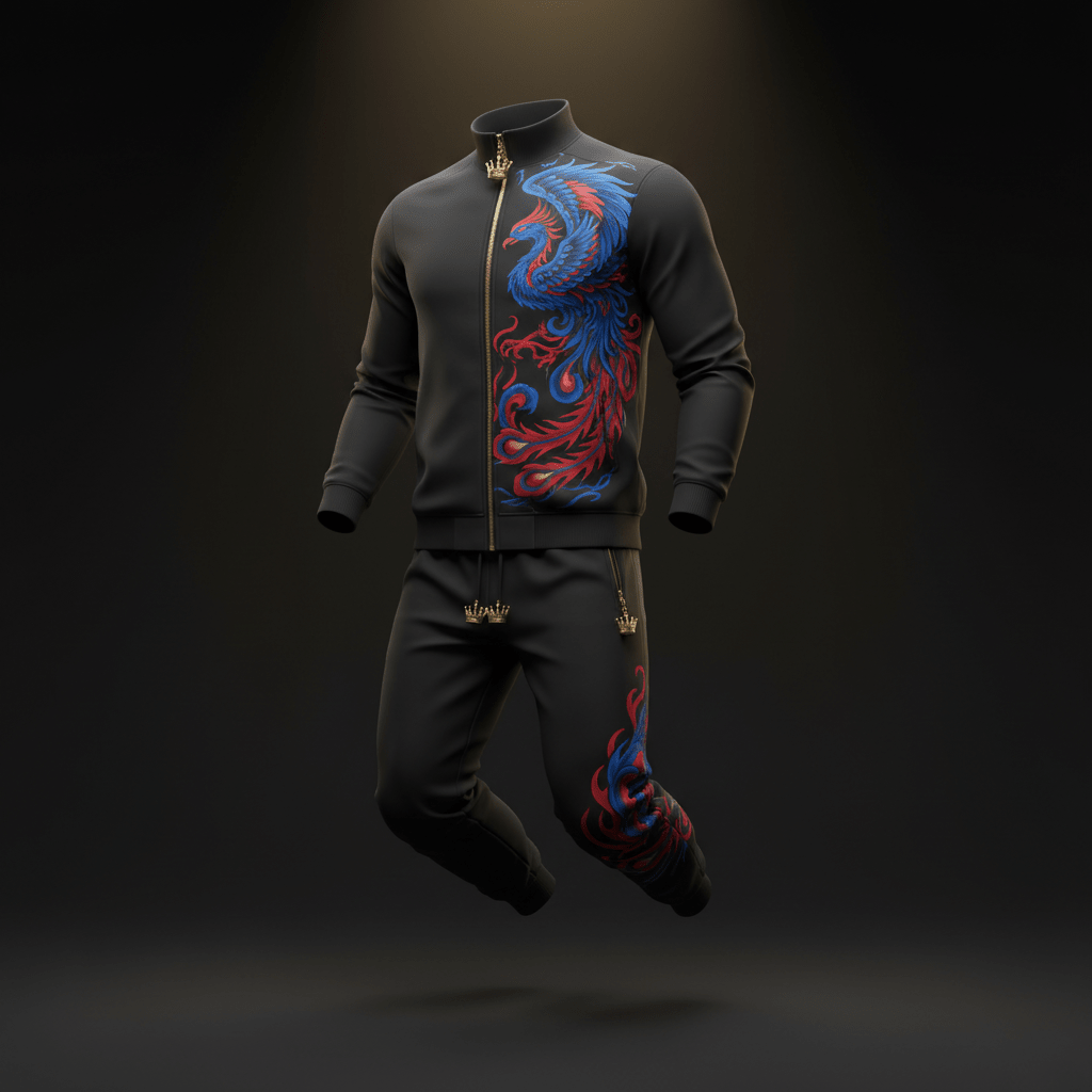 Black track suit featuring blue and red phoenix embroidery, gold crown zipper pulls, and a full-zip high-neck jacket.