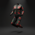 Black women’s track suit with red floral rose print, gold zipper, and crown charm detail on a dark background.