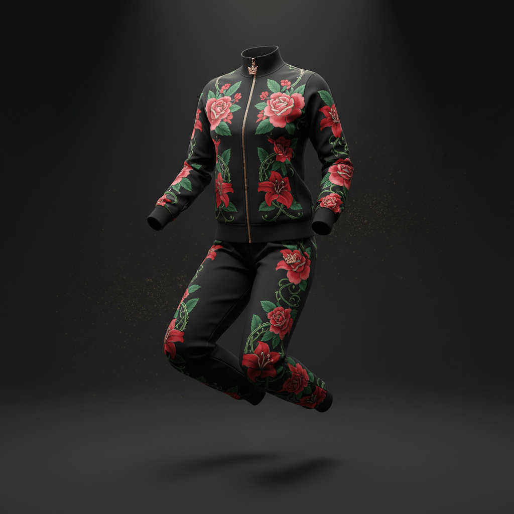 Black women’s track suit with red floral rose print, gold zipper, and crown charm detail on a dark background.