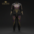 Black women's tracksuit with gold and purple mandala crown patterns, full-zip jacket, and joggers by Titan Sport.