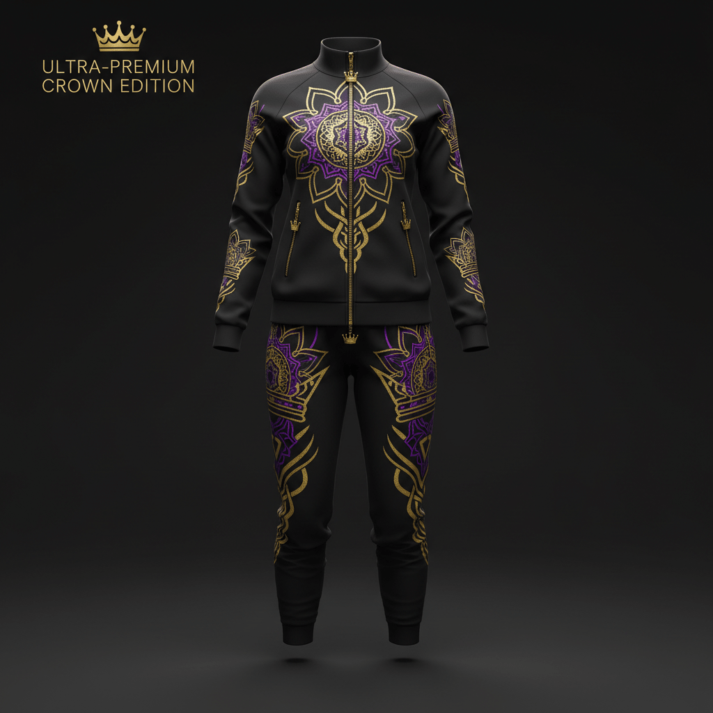 Black women's tracksuit with gold and purple mandala crown patterns, full-zip jacket, and joggers by Titan Sport.
