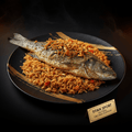 Grilled fish with seasoned rice, nuts, and onions on a black plate with gold brushstrokes and Titan Sport label.