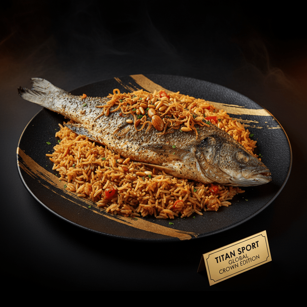 Grilled fish with seasoned rice, nuts, and onions on a black plate with gold brushstrokes and Titan Sport label.