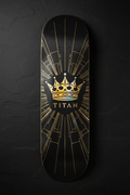 Black skateboard deck with iridescent gold crown graphic, geometric art deco lines, and TITAN logo on stone texture.