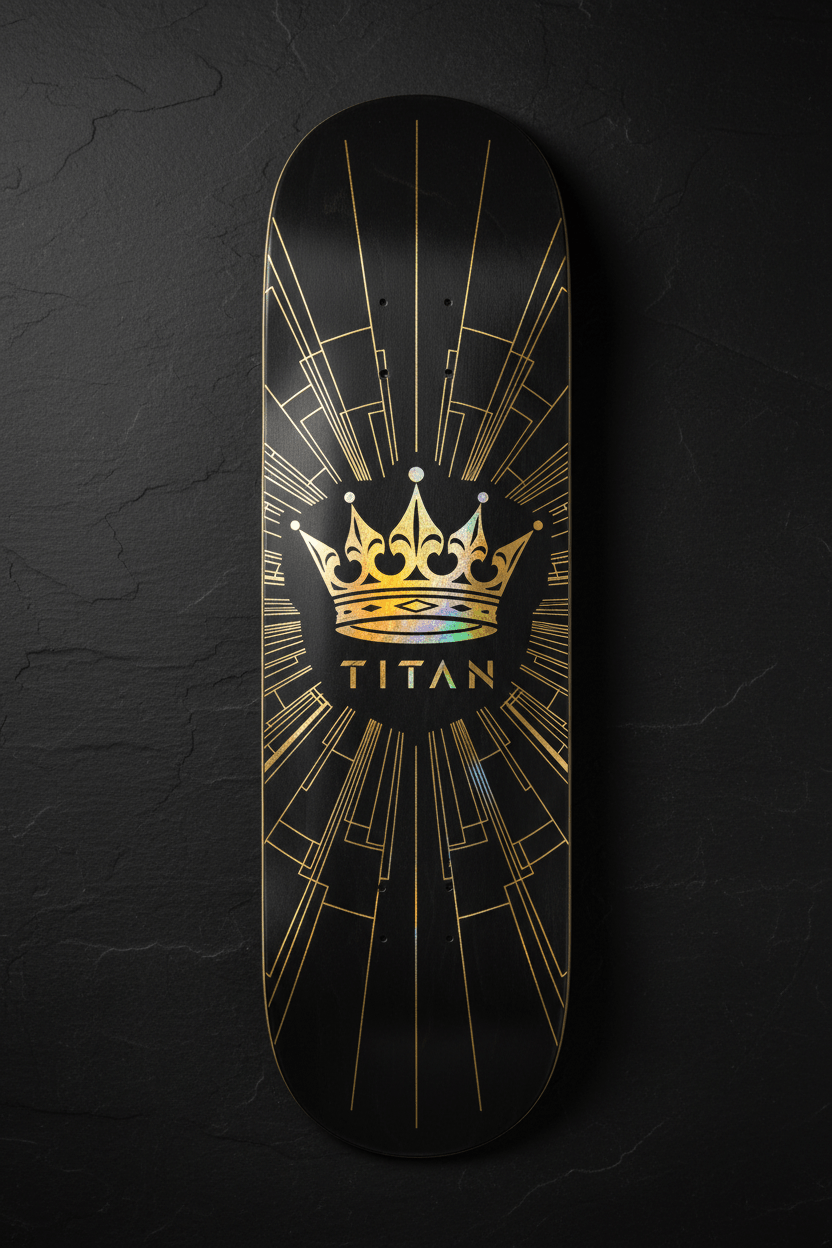 Black skateboard deck with iridescent gold crown graphic, geometric art deco lines, and TITAN logo on stone texture.