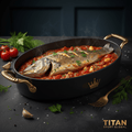 Steaming whole fish in tomato sauce inside a black, gold-handled oval dish with a crown logo on a dark tabletop.