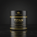 Black glass jar of Titan Sport Global pumpkin seed butter with gold branding, crown logo, and text on a marble surface.