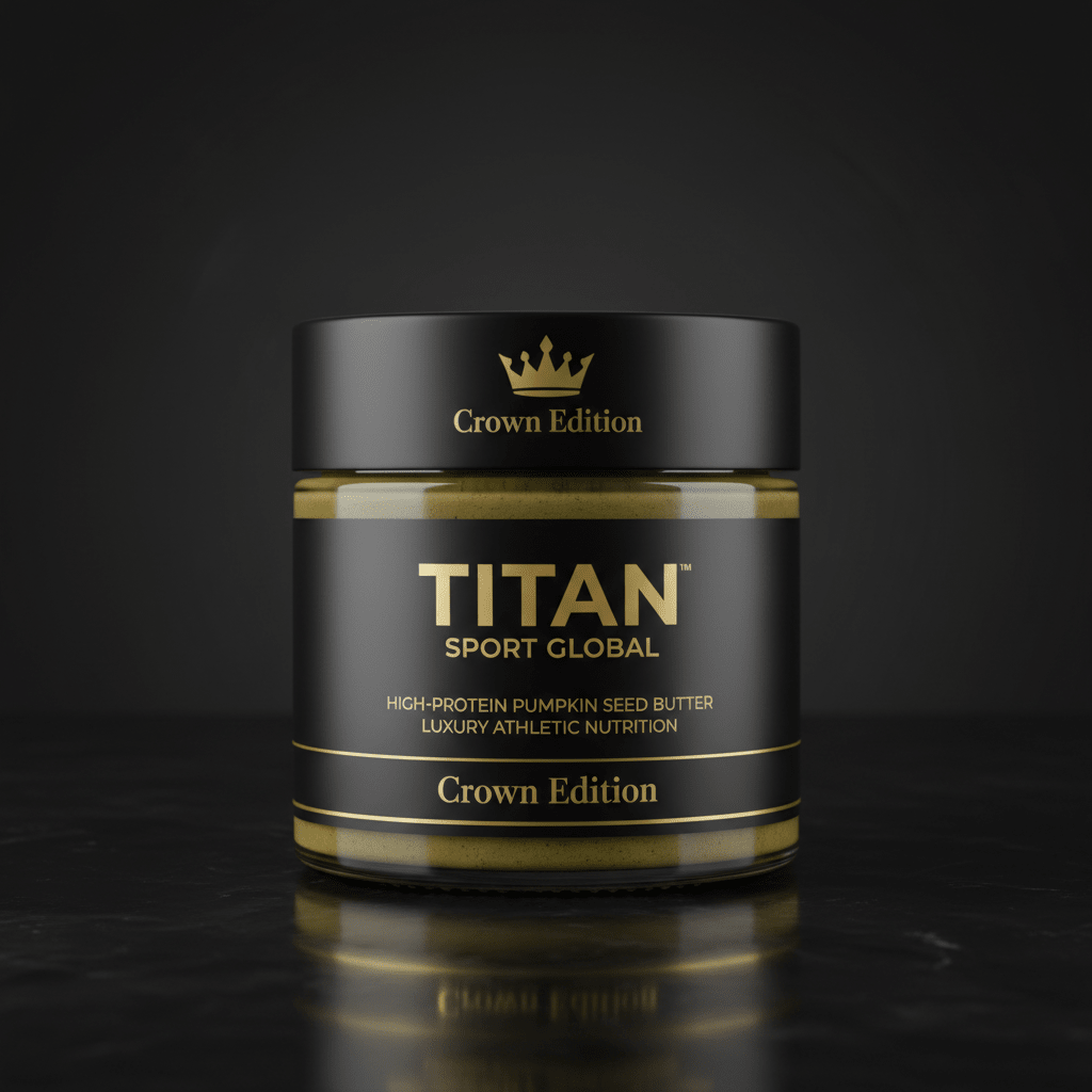 Black glass jar of Titan Sport Global pumpkin seed butter with gold branding, crown logo, and text on a marble surface.