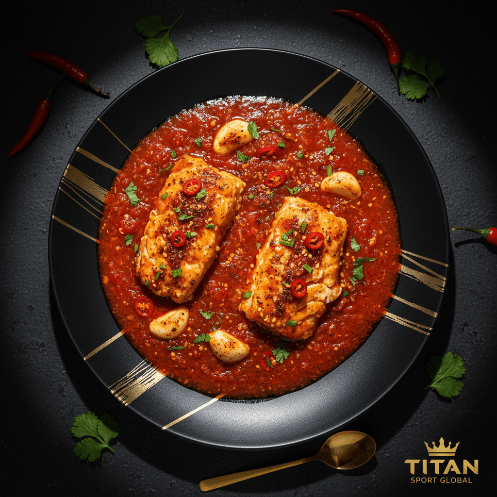 Two fish fillets in vibrant red Chraimeh sauce with garlic and chili, served on a black plate with gold accents.