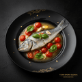 Whole fish in broth with cherry tomatoes, basil, and garlic on a black plate with gold leaf accents.