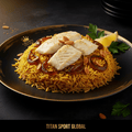 White fish fillets on yellow saffron rice with caramelized onions, almond slivers, and lemon on a gold-rimmed plate.