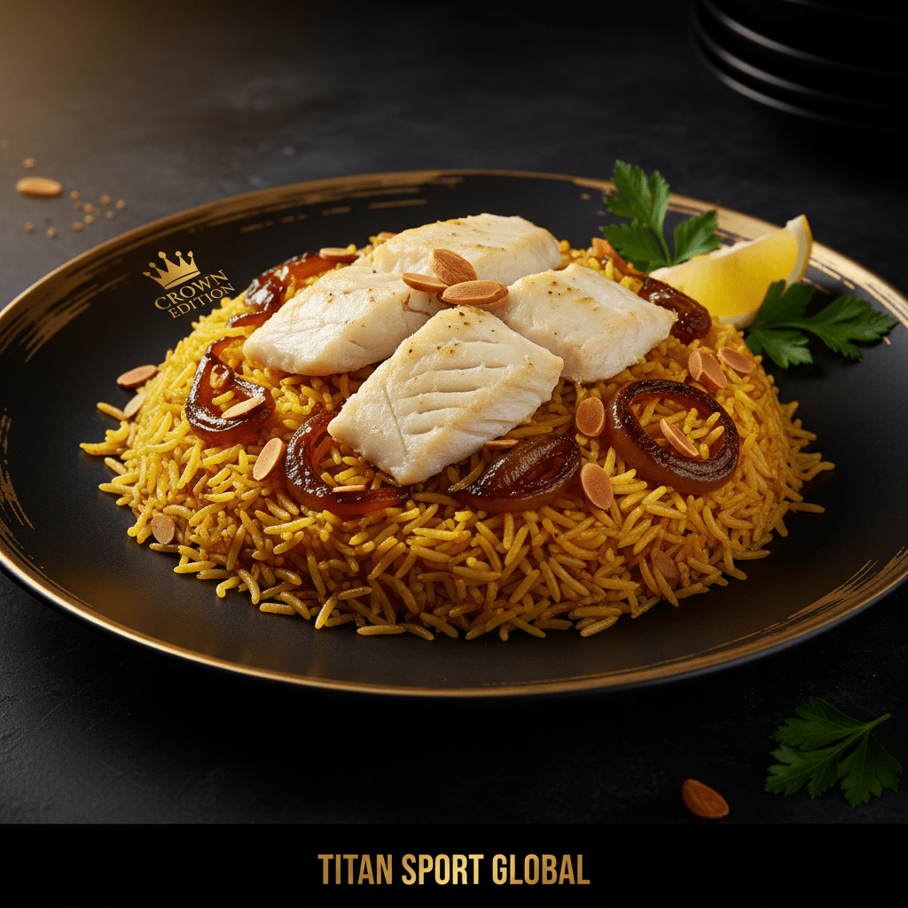 White fish fillets on yellow saffron rice with caramelized onions, almond slivers, and lemon on a gold-rimmed plate.