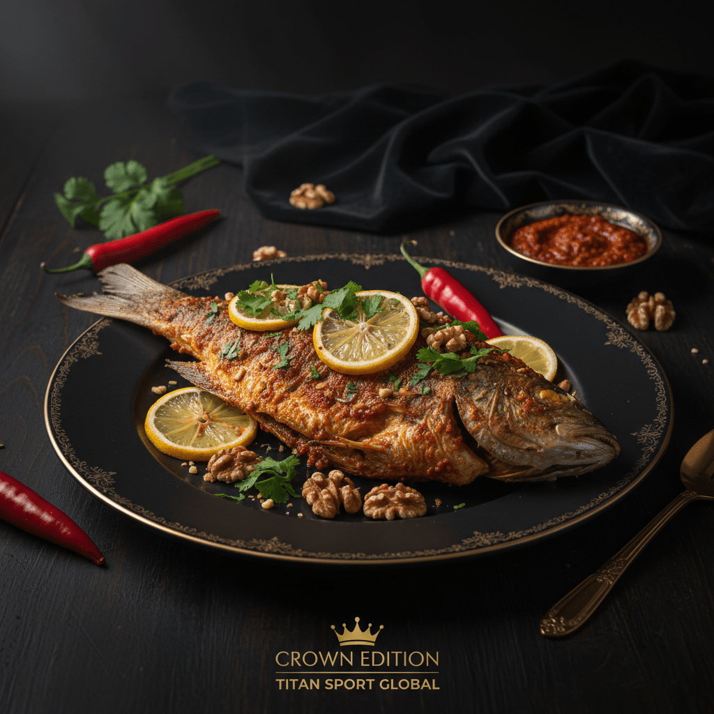 Roasted whole fish topped with lemon slices, walnuts, and cilantro on a black plate with red chili and spicy sauce.