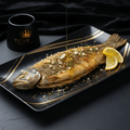 Golden-brown Ohrid trout topped with herbs on a black plate with gold accents, drizzled with oil, and lemon slices.