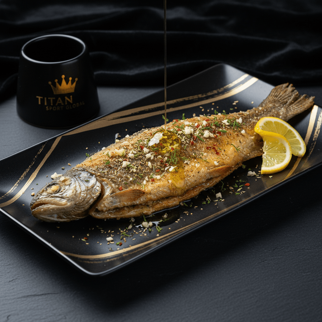 Golden-brown Ohrid trout topped with herbs on a black plate with gold accents, drizzled with oil, and lemon slices.