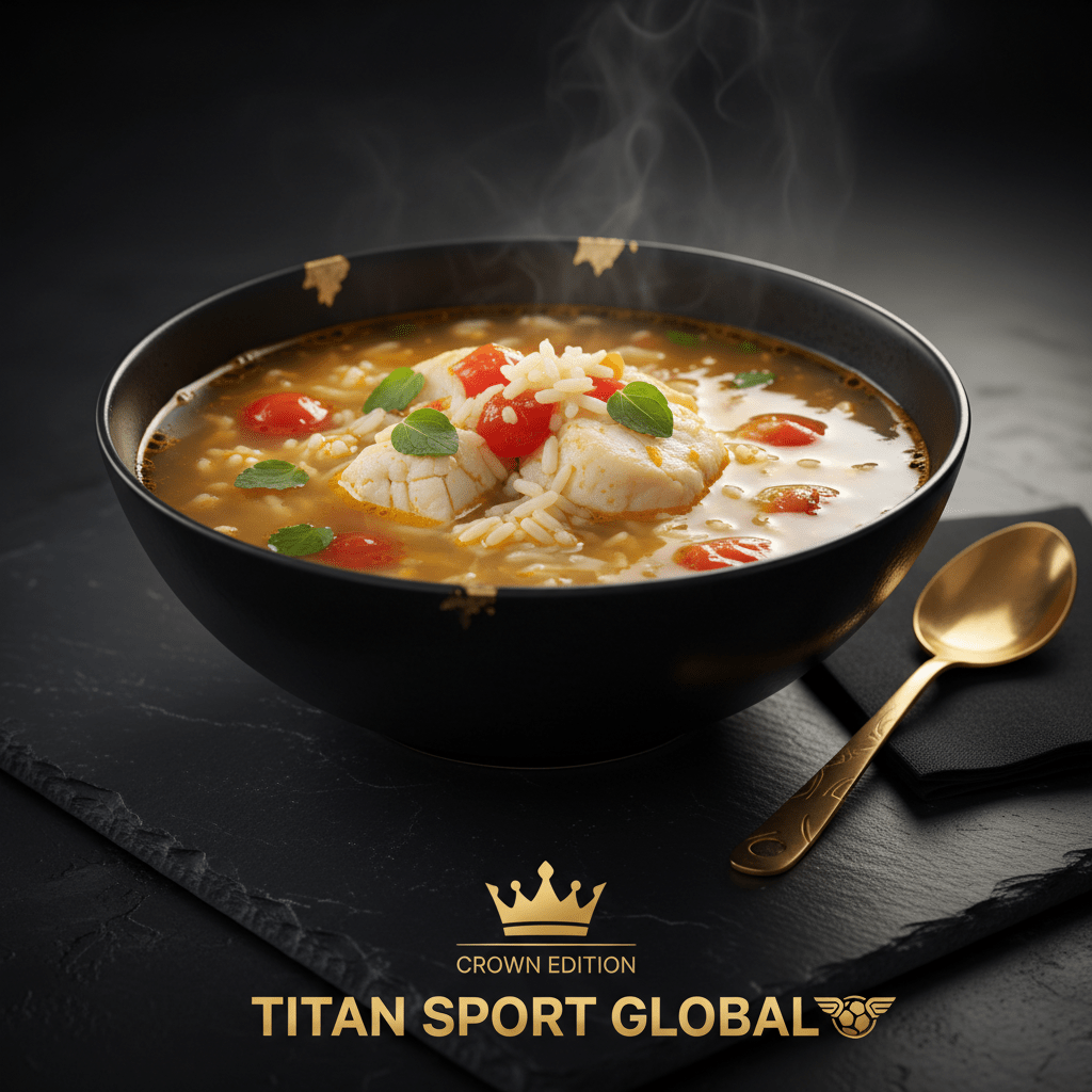 Steaming Maltese fish soup with white fish, rice, tomatoes, and herbs in a black gold-rimmed bowl with a gold spoon.