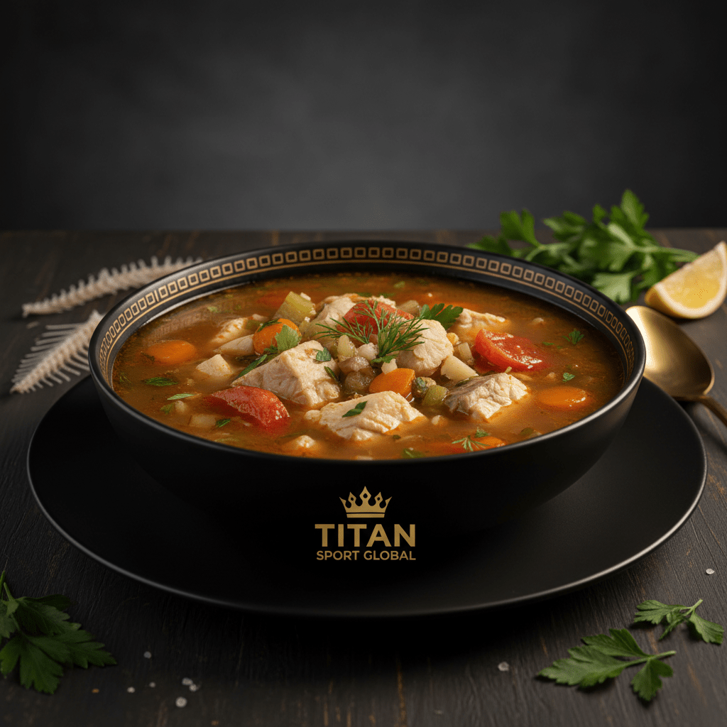 Bowl of Montenegrin Riblja Čorba with fish and vegetables, served in a black bowl with gold rim, Titan Sport Global logo.