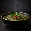 Steaming green Egusi soup in a matte black bowl with gold rim, topped with fresh green leaves and two red chili slices.