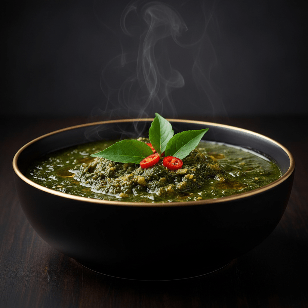 Steaming green Egusi soup in a matte black bowl with gold rim, topped with fresh green leaves and two red chili slices.
