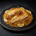 Seared white fish fillets on spiced brown rice with caramelized onions, pine nuts, and lemon slices on a black plate.