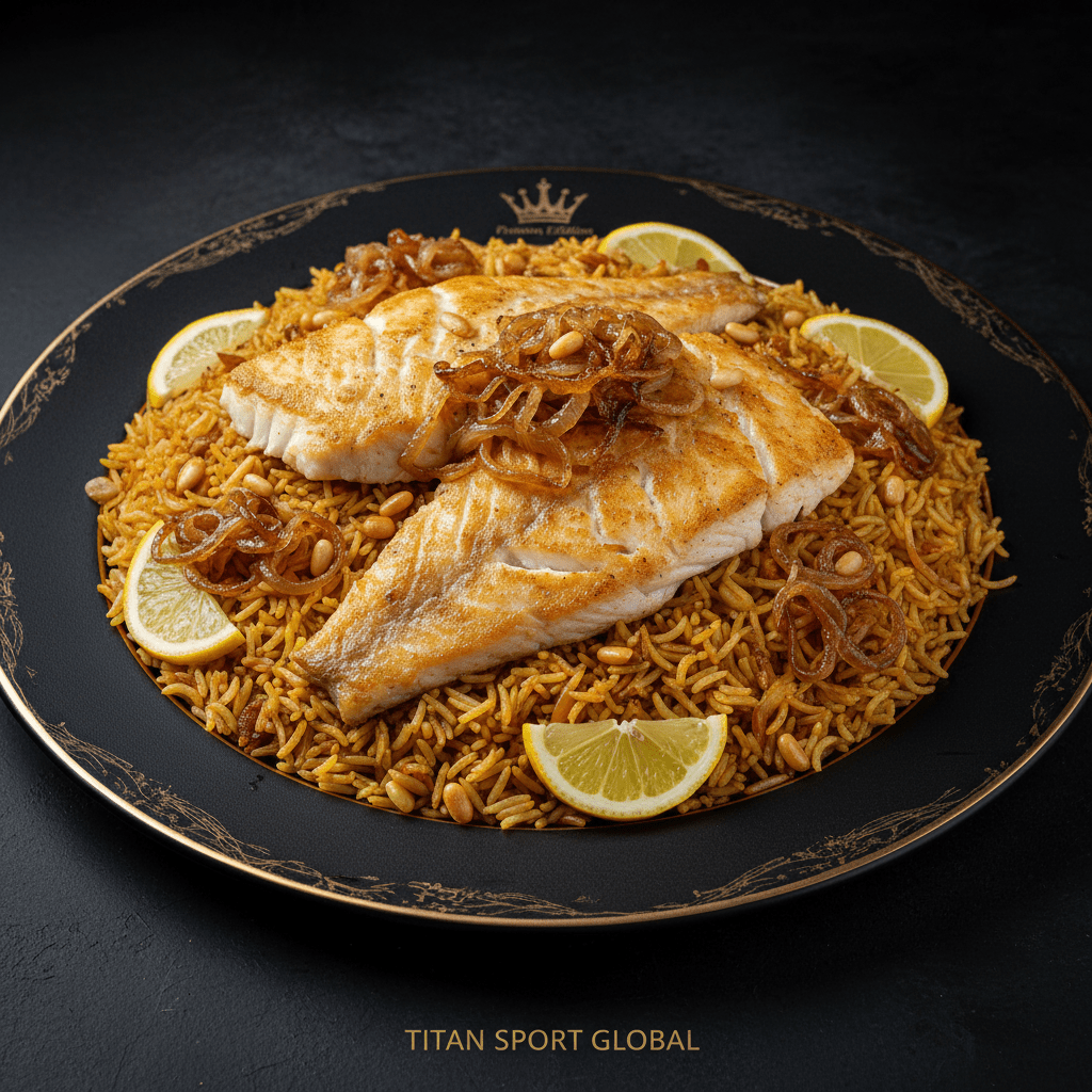 Seared white fish fillets on spiced brown rice with caramelized onions, pine nuts, and lemon slices on a black plate.