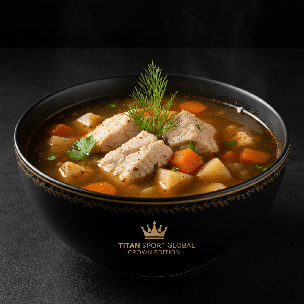 Steaming bowl of Crown Polish fish soup with chunks of fish, carrots, and potatoes, in a black bowl with gold branding.