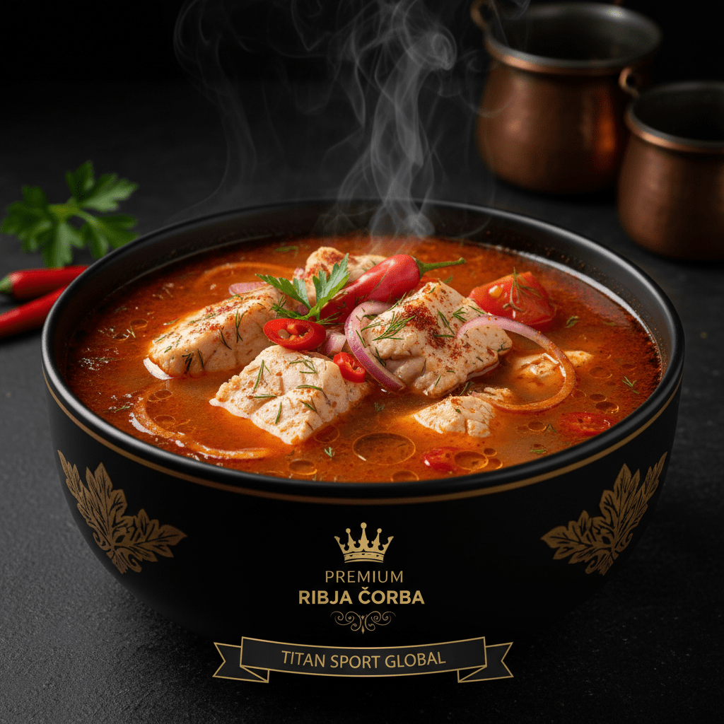 Steaming Serbian fish stew in a black bowl with gold accents, topped with chili, onions, and herbs. Dark background.