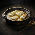 Steaming Crown Spanish Bacalao al Pil-Pil in a black-gold Titan Sport Global bowl with matching fork and spoon.