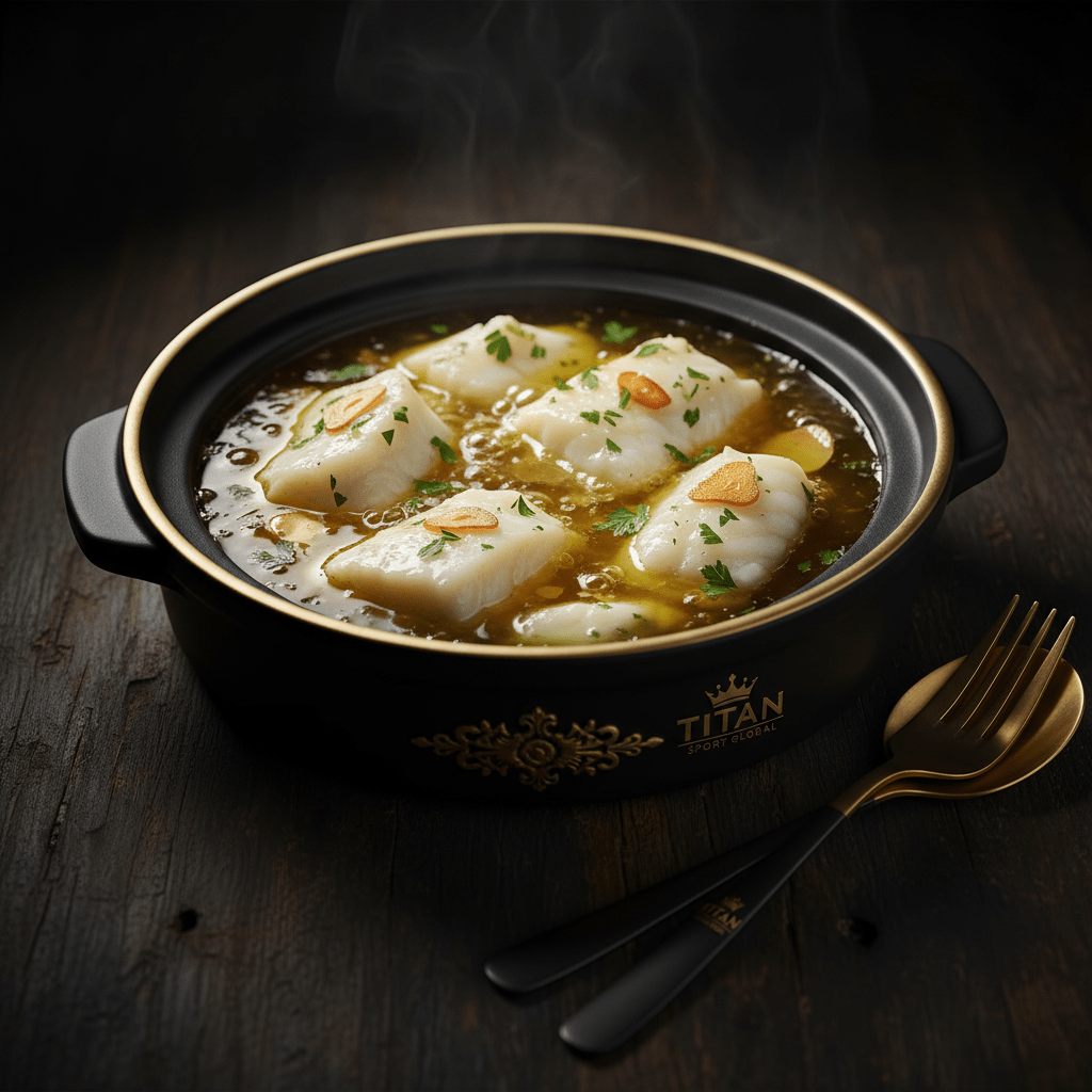 Steaming Crown Spanish Bacalao al Pil-Pil in a black-gold Titan Sport Global bowl with matching fork and spoon.