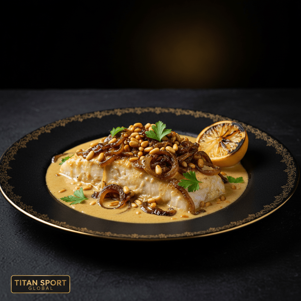 Fish fillet in tahini sauce topped with caramelized onions, pine nuts, and parsley on a gold-rimmed black plate.