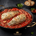 Steaming fish fillets in a spicy red pepper chakchouka sauce, served in a skillet with bread and cilantro garnish.
