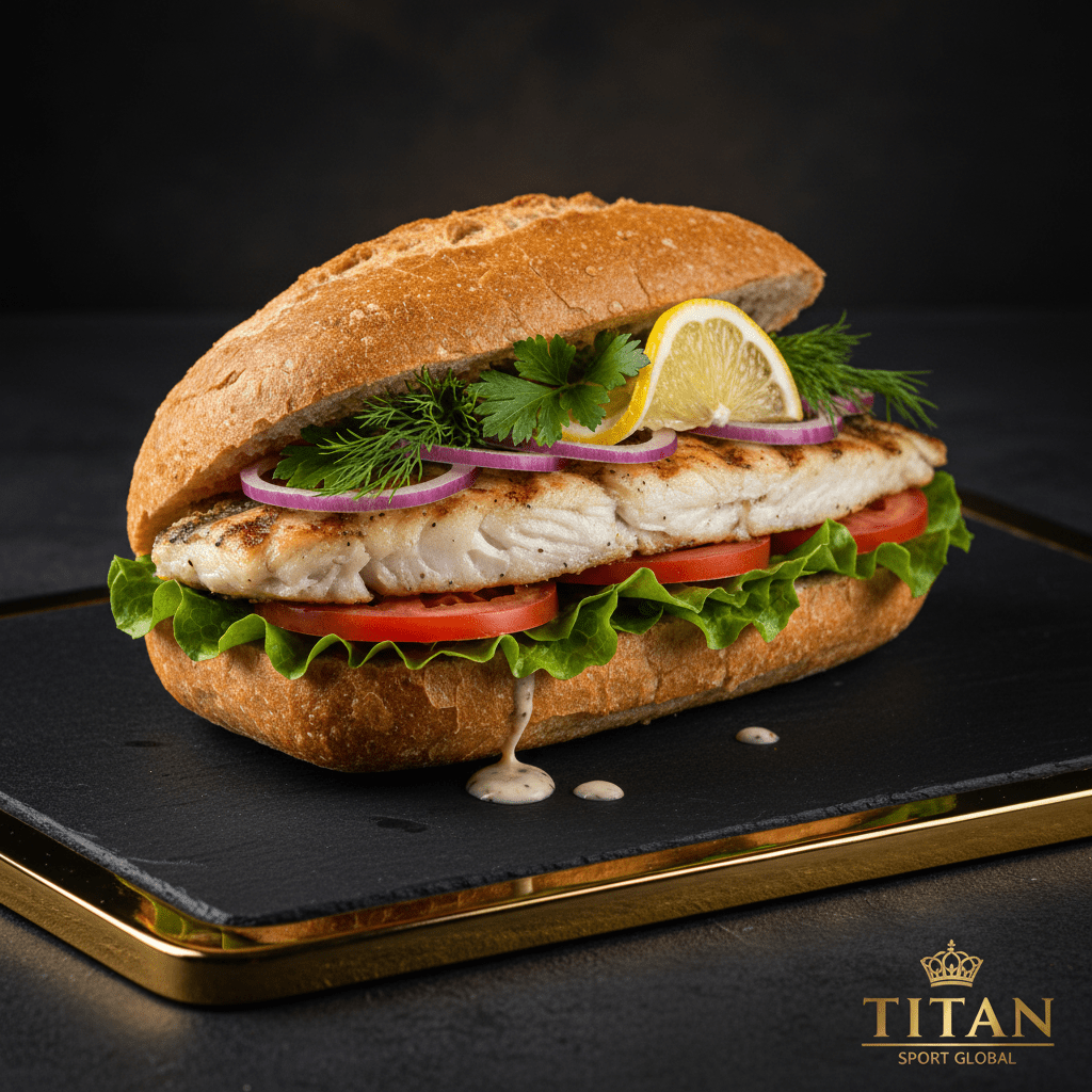Grilled fish sandwich with lettuce, tomato, red onion, lemon, and dill on a black serving slate with gold trim.
