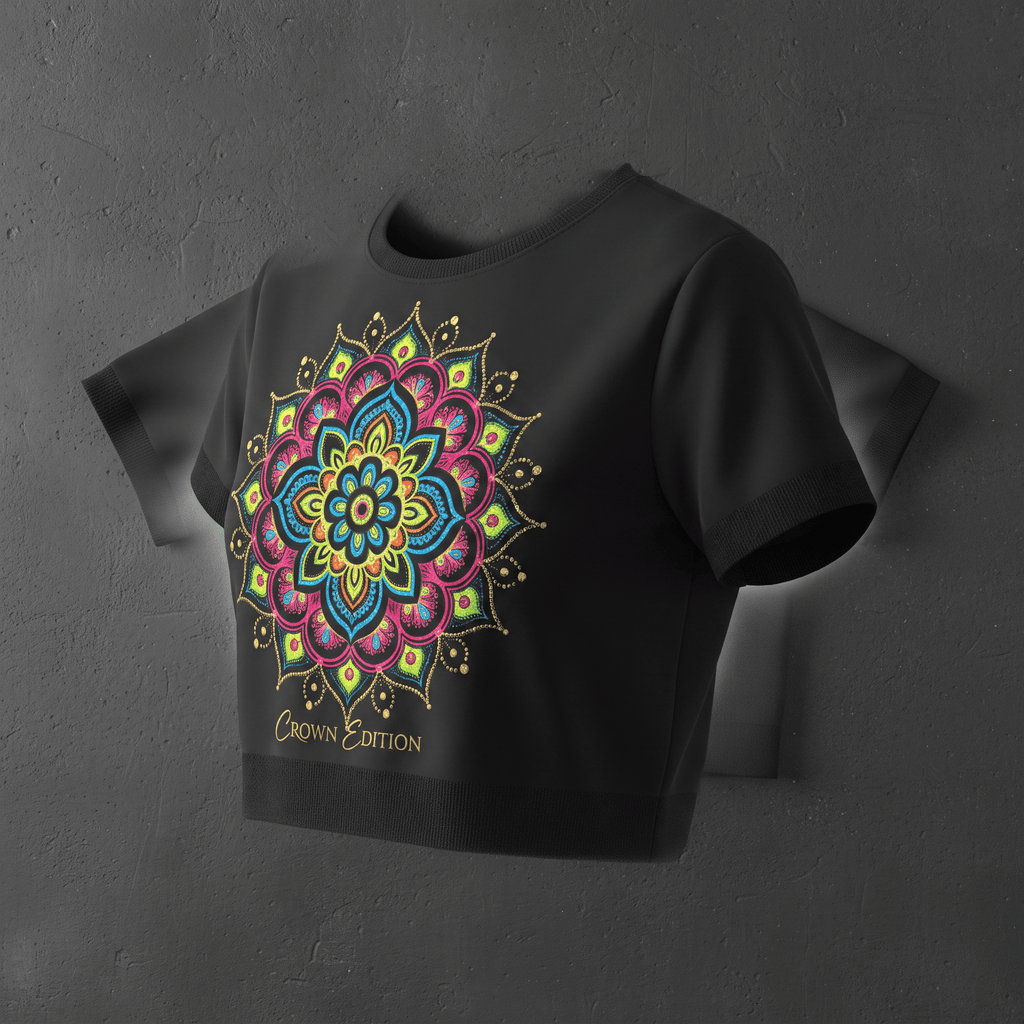 Black crop top featuring a colorful mandala design in pink, blue, and yellow with Crown Edition text.